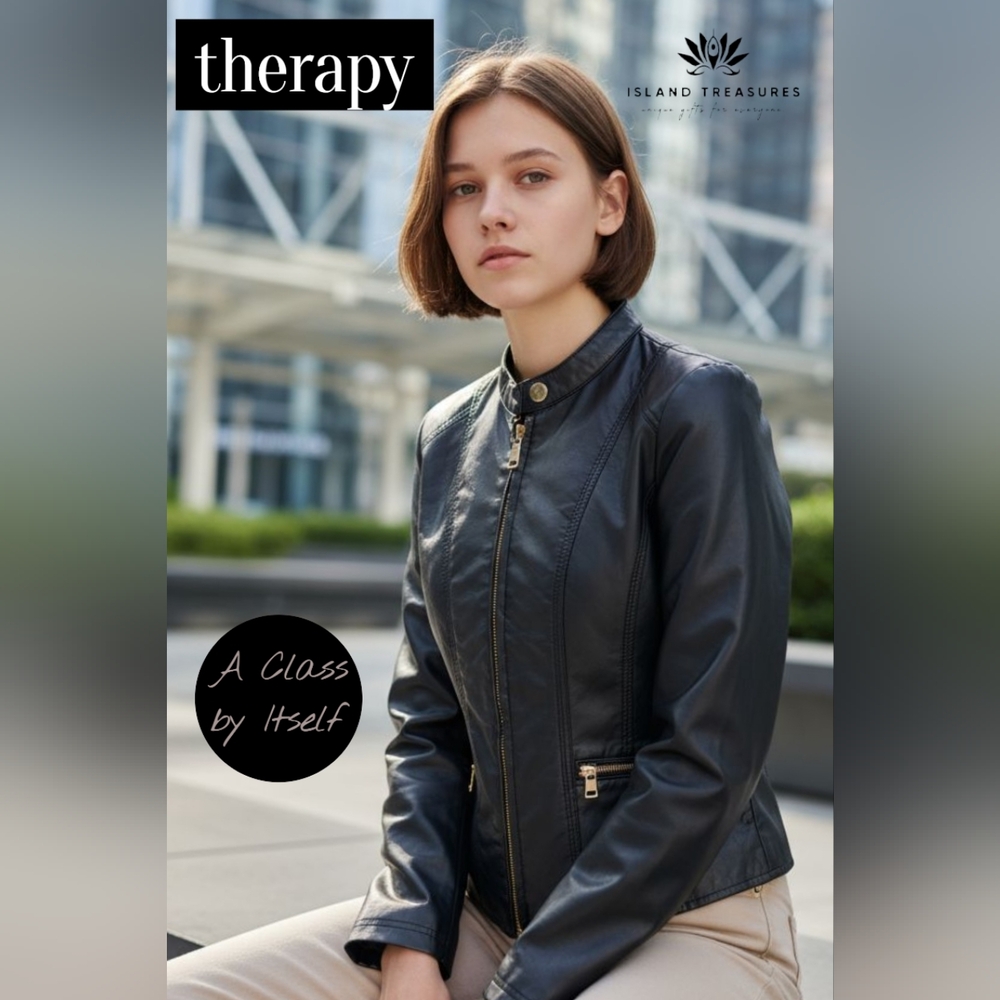 Therapy Faux Leather Jacket Lined Biker Moto Brassy Gold Accents Women Size S - Picture 17 of 17